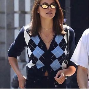 Brandy Melville Argyle Women One Size Blue Small Y2K Cardigan Elizabeth Joh Galt